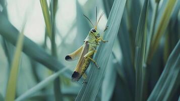 A brightly colored grasshopper is perched on a long green leaf photo