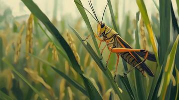 A colorful grasshopper perched on long blades of green grass photo