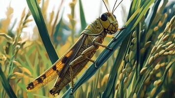 A detailed illustration of a grasshopper in a field of crops photo