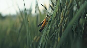 A grasshopper rests on a green plant stalk in sunlight photo