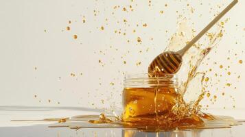 Honey Splashing From A Jar With A Wooden Dipping Spoon photo