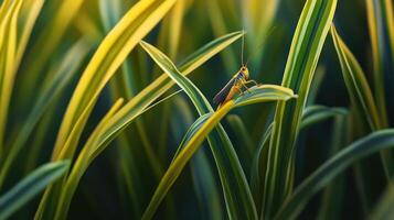 A small grasshopper perches atop long green and yellow leaves photo