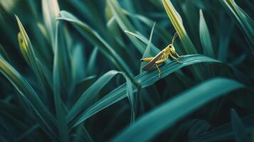 A yellow grasshopper resting on a green blade of grass photo