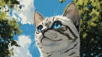 A beautiful cat looks up toward a blue sky with clouds photo