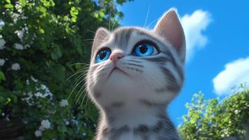 A cute kitten looking upwards against a blue sky background photo