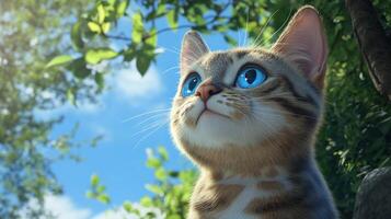 Adorable cat looks up at the clear blue sky and vibrant green leaves photo