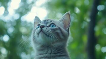 A beautiful kitten with bright blue eyes gazes upwards into the sky photo