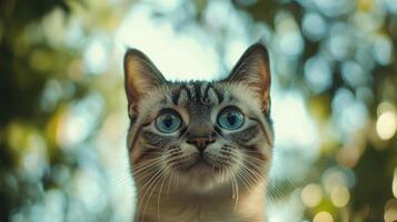 A beautiful cat with striking blue eyes looks directly forward photo