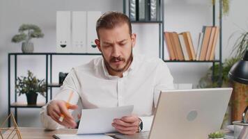 Angry boss business man making webcam online call talking colleague conversation analyzing financial report mistake problem, crumples paper throws it away at office. Conflict Quarrel Negotiation video