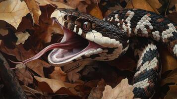 An open mouthed snake displays a long tongue amidst autumn leaves photo