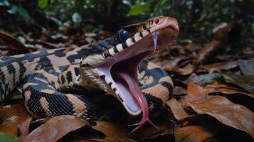 A close up view of a snake with its mouth open photo