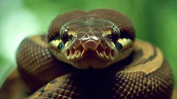 A close up image shows a snake looking directly at the viewer photo