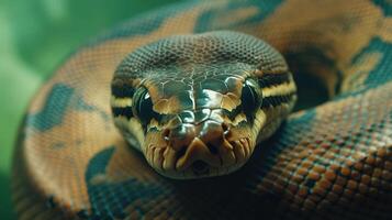 A detailed portrait of a coiled reptile with dark piercing eyes photo