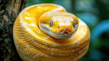 A coiled yellow snake showing its eye and open nostrils photo