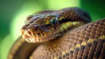 A close up shot of a brown snake looking at viewer photo