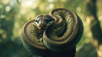 A coiled snake poses with its head facing the camera photo