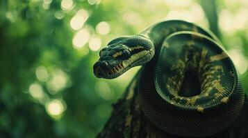A beautiful green snake coiled peacefully on a tree branch photo