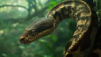 A close up photograph featuring a brown and green snake photo