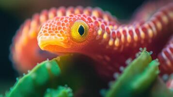 An exotic red and yellow marine creature with a large eye photo