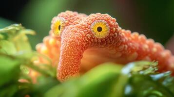 An orange alien creature with large yellow eyes emerges from greenery photo