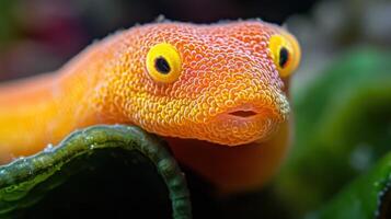 An orange fish is positioned on green plant leaves looking directly ahead photo