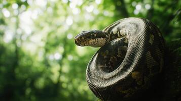 A coiled snake rests peacefully amidst vibrant green foliage and light photo