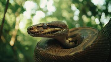 A beautiful snake is coiled on a tree branch outside photo