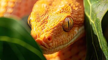 A close up view showing a colorful snakes head peering forward photo