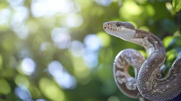 A detailed view of a snake coiled in a vibrant tree photo