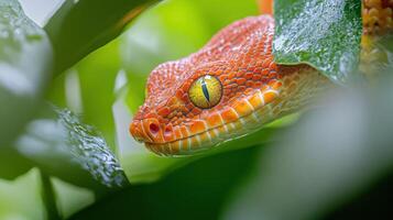 A colorful snake peeking through vibrant green leaves gracefully photo