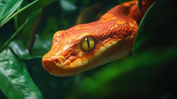 Close up view of a vibrant orange snake among green leaves photo