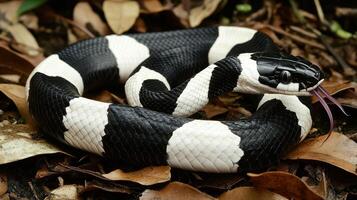 A Black and White Snake with its Tongue Extended Out photo