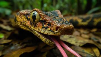A detailed macro photograph of a colorful snake head up close photo