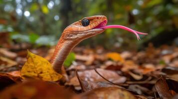 A snake showing its tongue among autumn fallen leaves photo