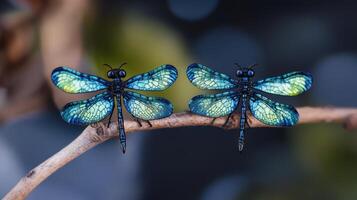 Two iridescent dragonflies perch on a small twig in nature photo