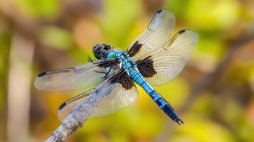 A Colorful Dragonfly Resting on a Small Branch Outdoors photo