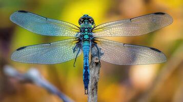 A vibrant blue and green dragonfly resting on a twig photo