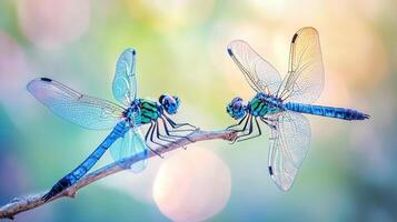 Two Beautiful Dragonflies Resting on a Branch In a Soft Light photo