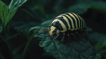 A brightly colored insect rests peacefully on a large green leaf photo