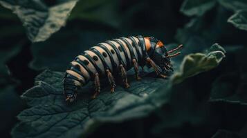 A detailed macro shot of a caterpillar on a lush green leaf photo