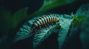 A striped insect resting on a textured green plant leaf photo