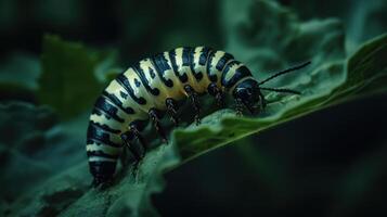 Striking macro photograph of a colorful insect on a green leaf photo