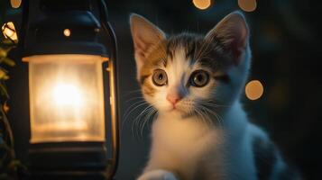 A small kitten gazing towards a warm glowing lantern carefully photo