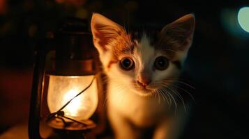 A young kitten is illuminated by a vintage lantern at night photo