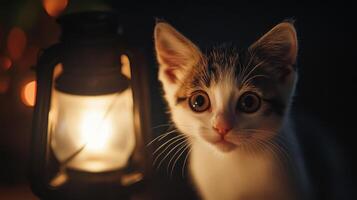A curious kitten sits beside an old lit lantern photo