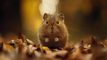 A small adorable rodent sitting on dried fallen autumn leaves photo