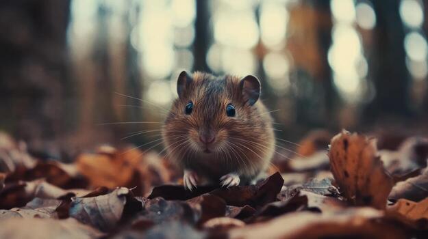 A Small Mouse Standing Among Autumn Leaves In A Forest photo