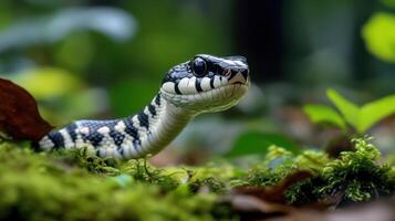 A close up photograph shows a patterned snake in nature photo