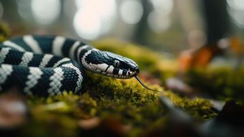 A detailed portrait showcases a striped snake in natural surroundings photo