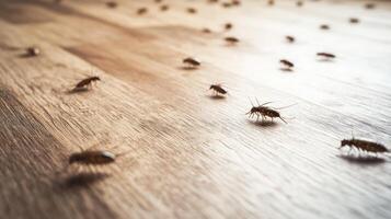Several silverfish insects crawl on a wooden floor surface photo